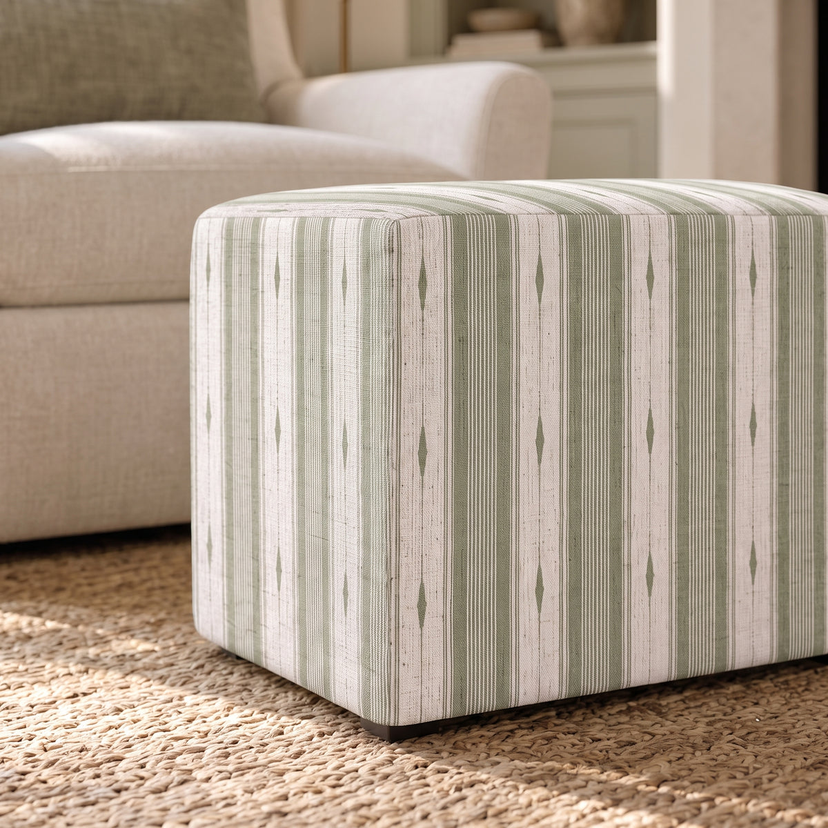 The Josephine Ottoman in Blue Dresses Lemongrass Stripes