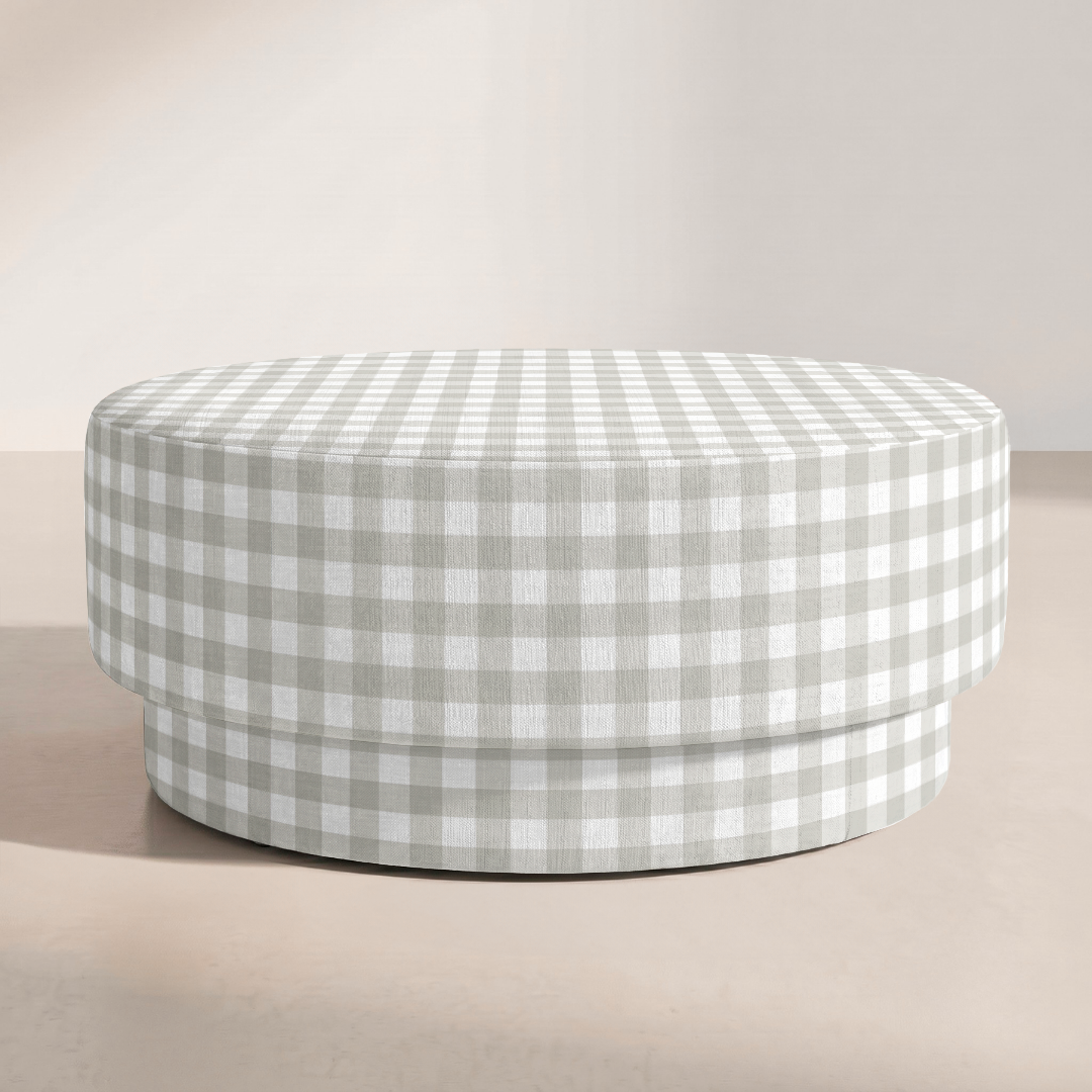The Adelaide Ottoman in Pearl's Haven Fog Gingham