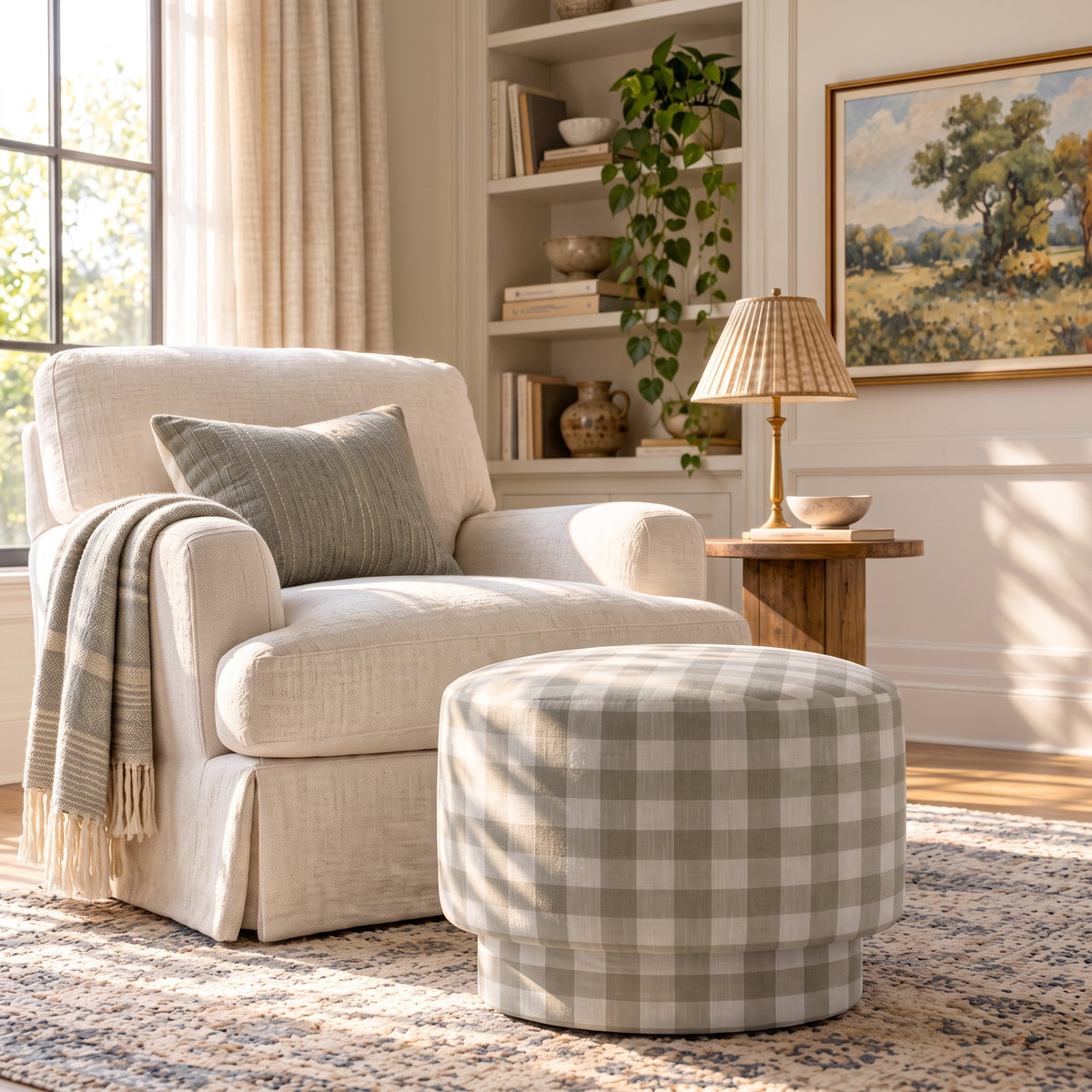 The Adelaide Ottoman in Pearl's Haven Fog Gingham
