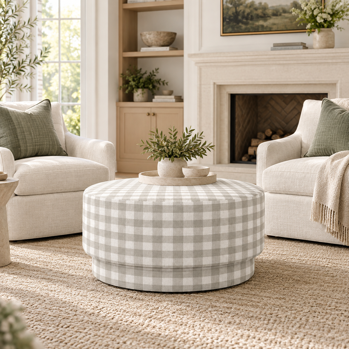 The Adelaide Ottoman in Pearl's Haven Fog Gingham