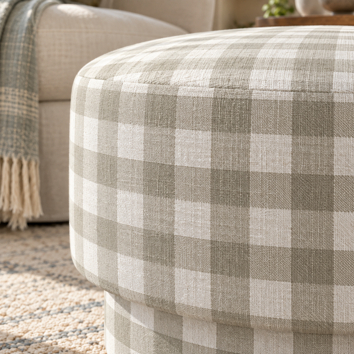 The Adelaide Ottoman in Pearl's Haven Fog Gingham