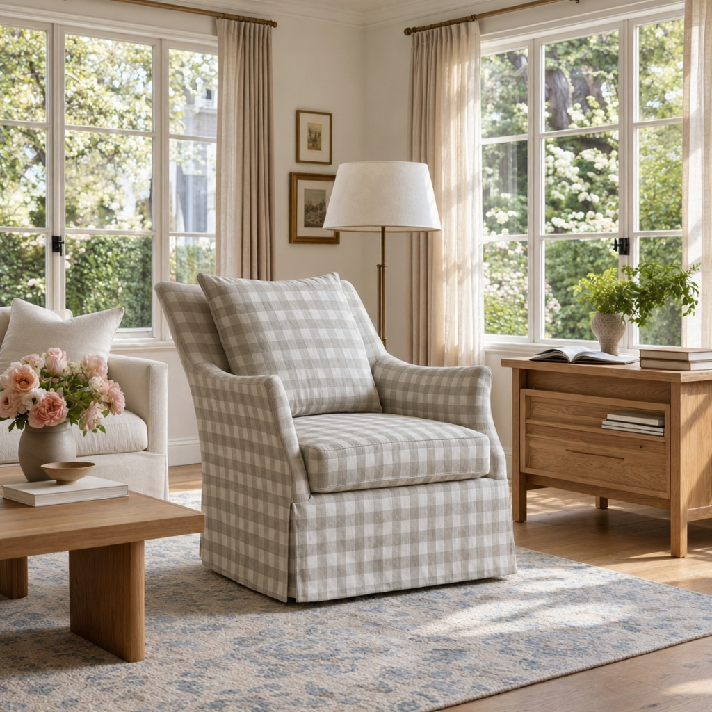 The Eleanor Chair in Pearl's Haven Fog Gingham