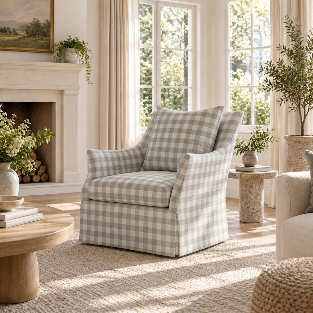 The Eleanor Chair in Pearl's Haven Fog Gingham