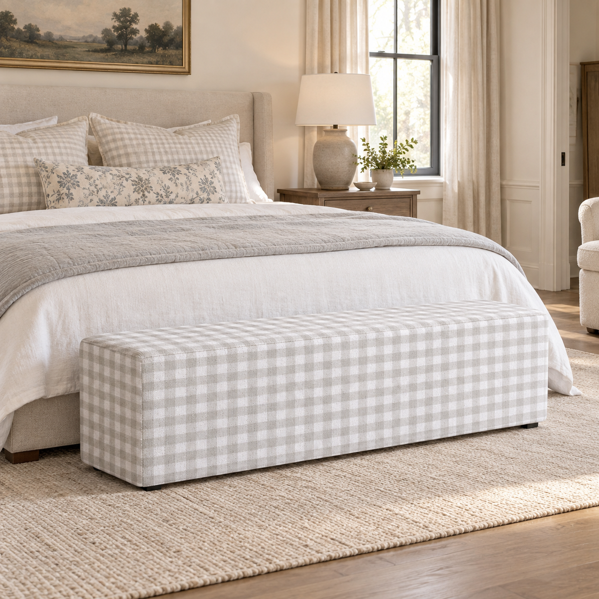 The Josephine Ottoman in Pearl's Haven Fog Gingham