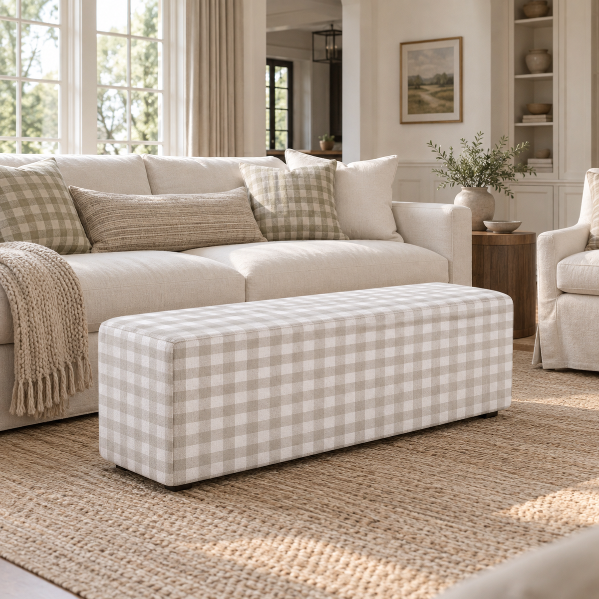 The Josephine Ottoman in Pearl's Haven Fog Gingham