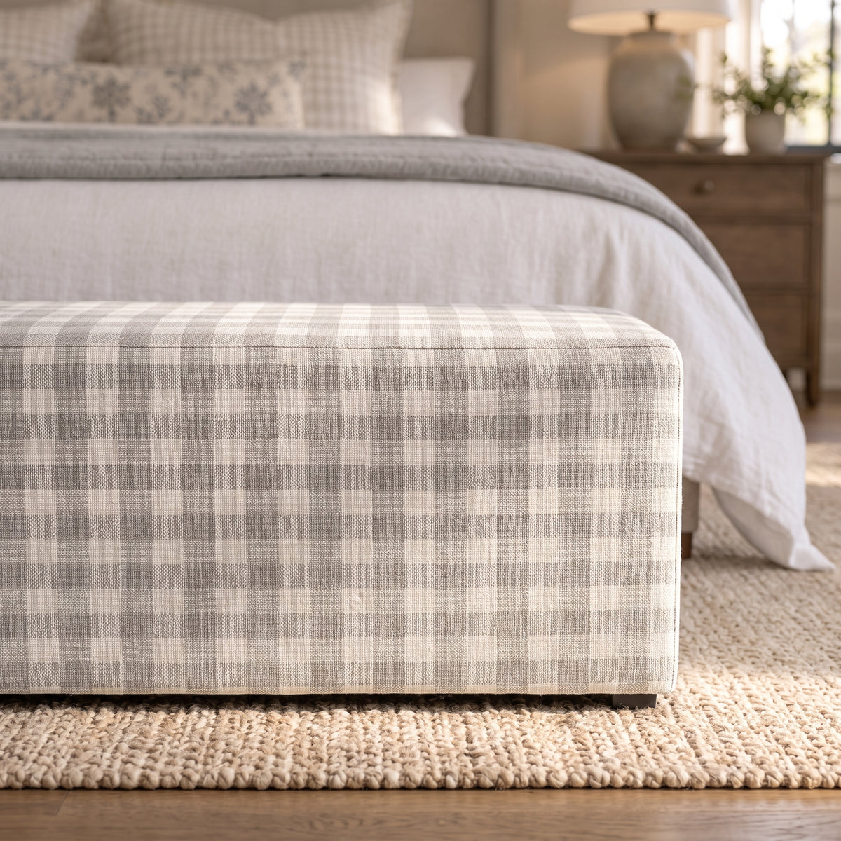 The Josephine Ottoman in Pearl's Haven Fog Gingham