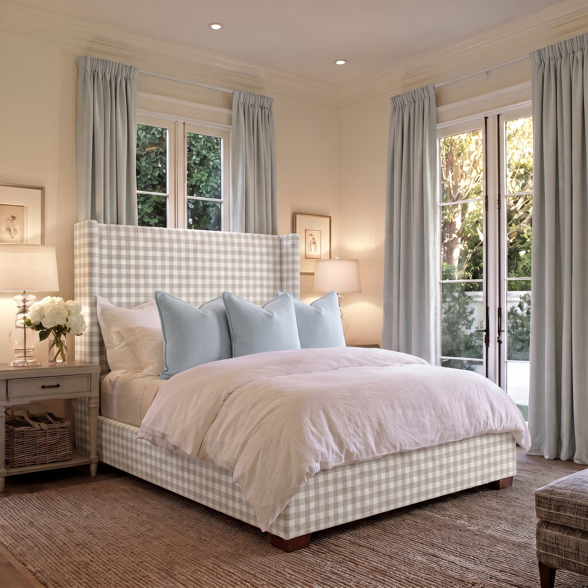 The Selene Bed in Pearl's Haven Fog Gingham - Lemon Park