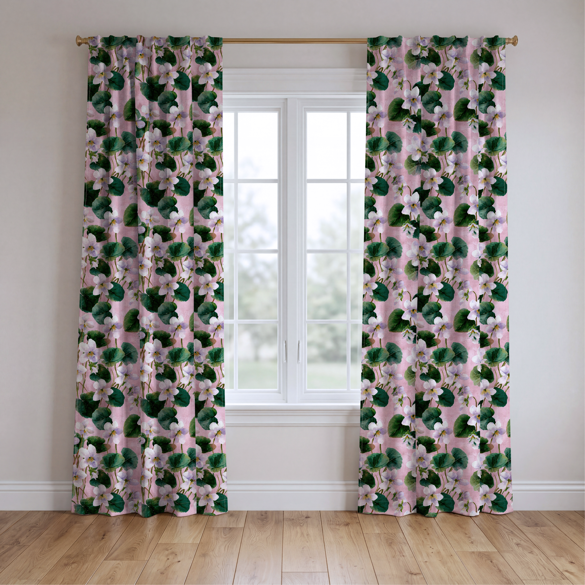 White Violets Pink - Drapery — two panels