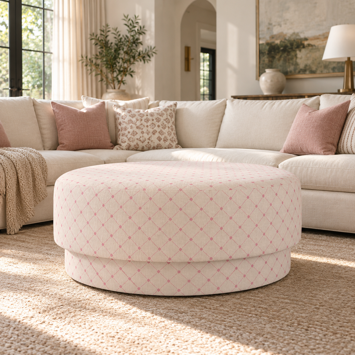 The Adelaide Ottoman in Bellagio Blush Linen Lattice