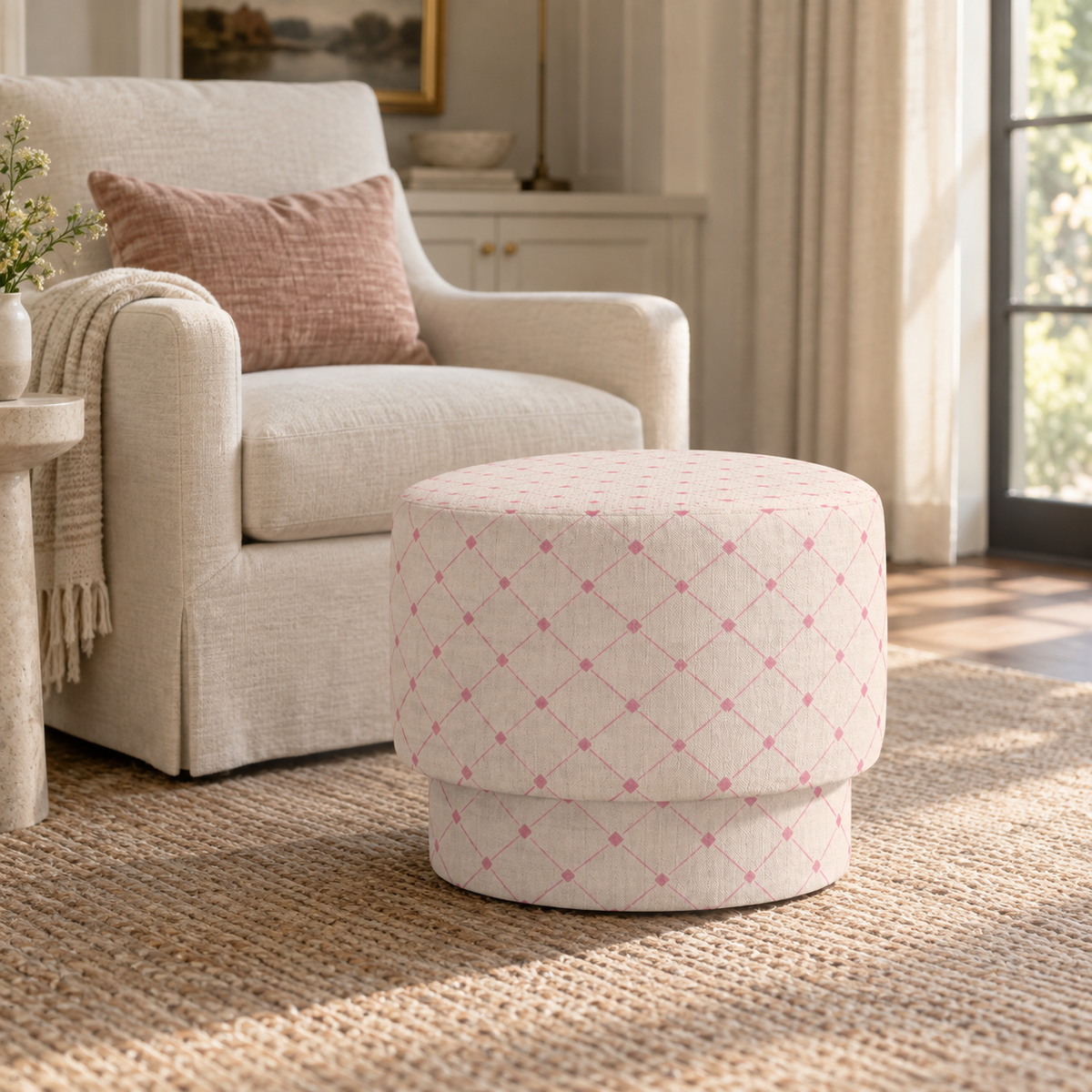 The Adelaide Ottoman in Bellagio Blush Linen Lattice