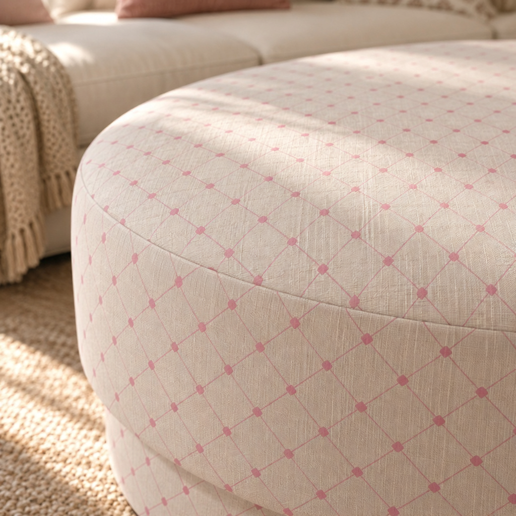 The Adelaide Ottoman in Bellagio Blush Linen Lattice