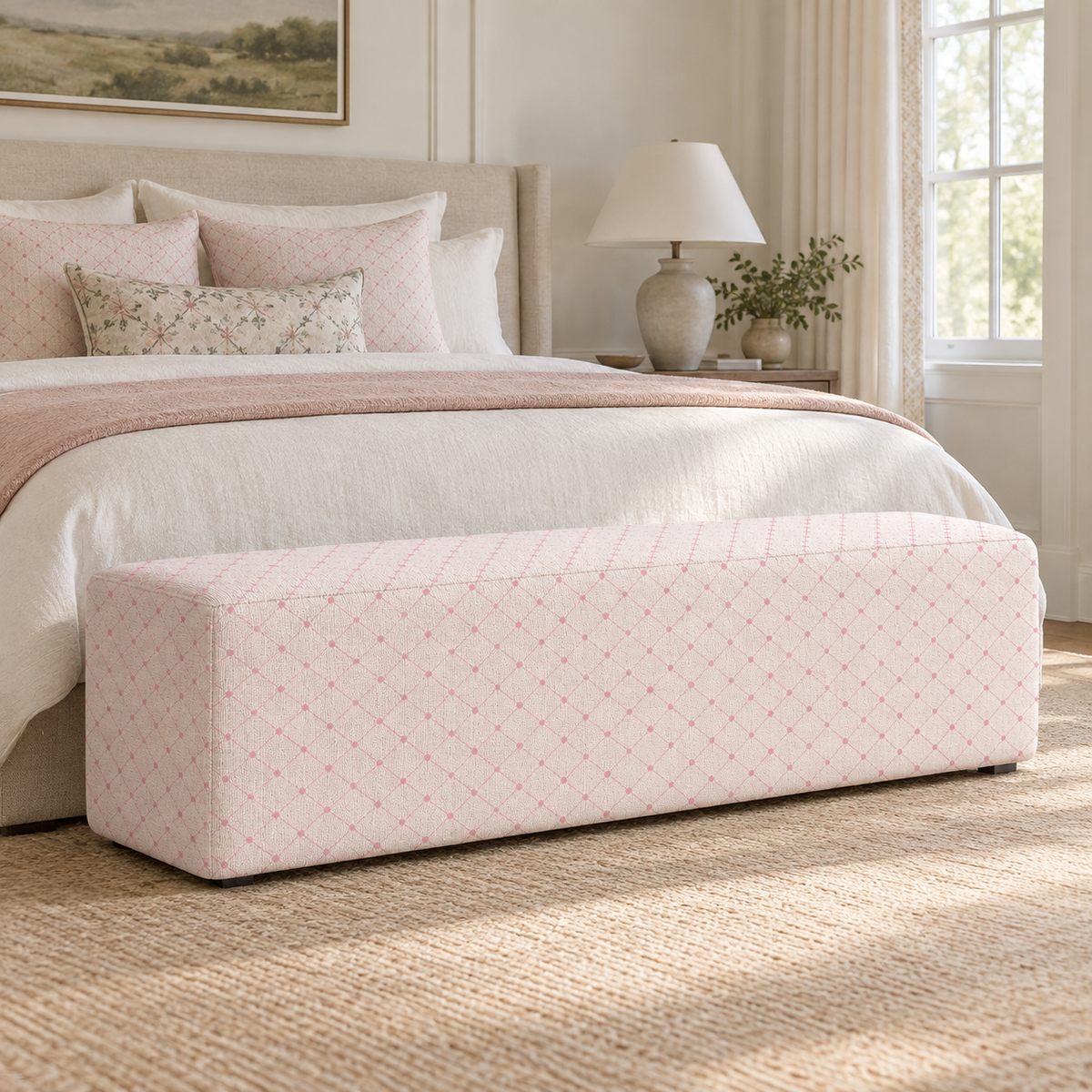 The Josephine Ottoman in Bellagio Blush Linen Lattice