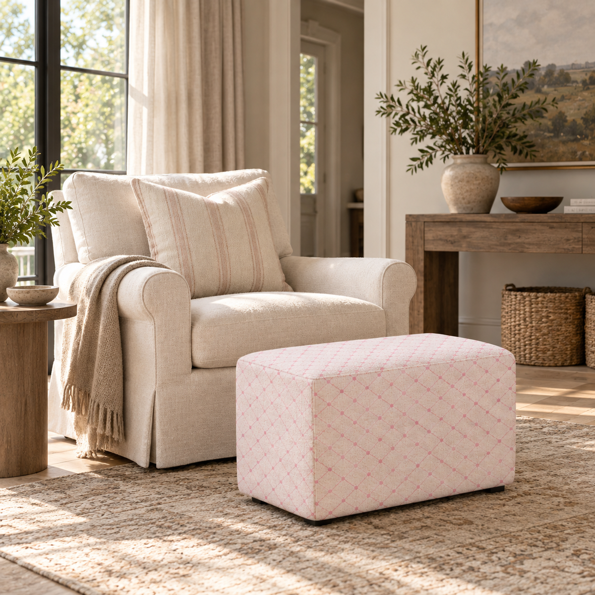 The Josephine Ottoman in Bellagio Blush Linen Lattice