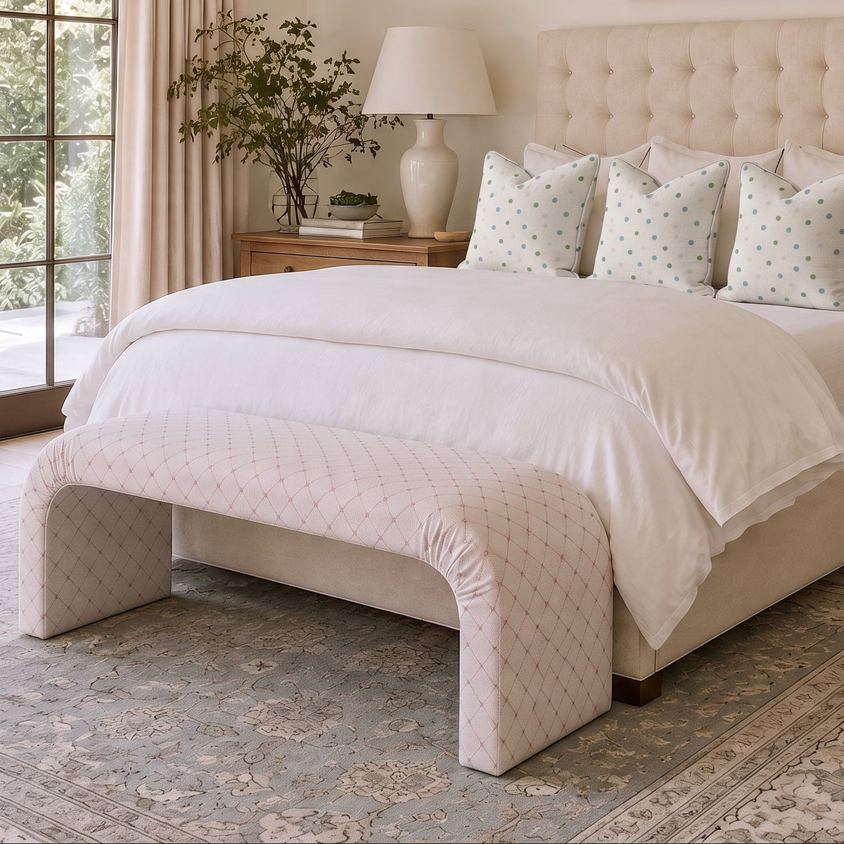 The Lewis Ottoman in Bellagio Blush Linen Lattice - Lemon Park