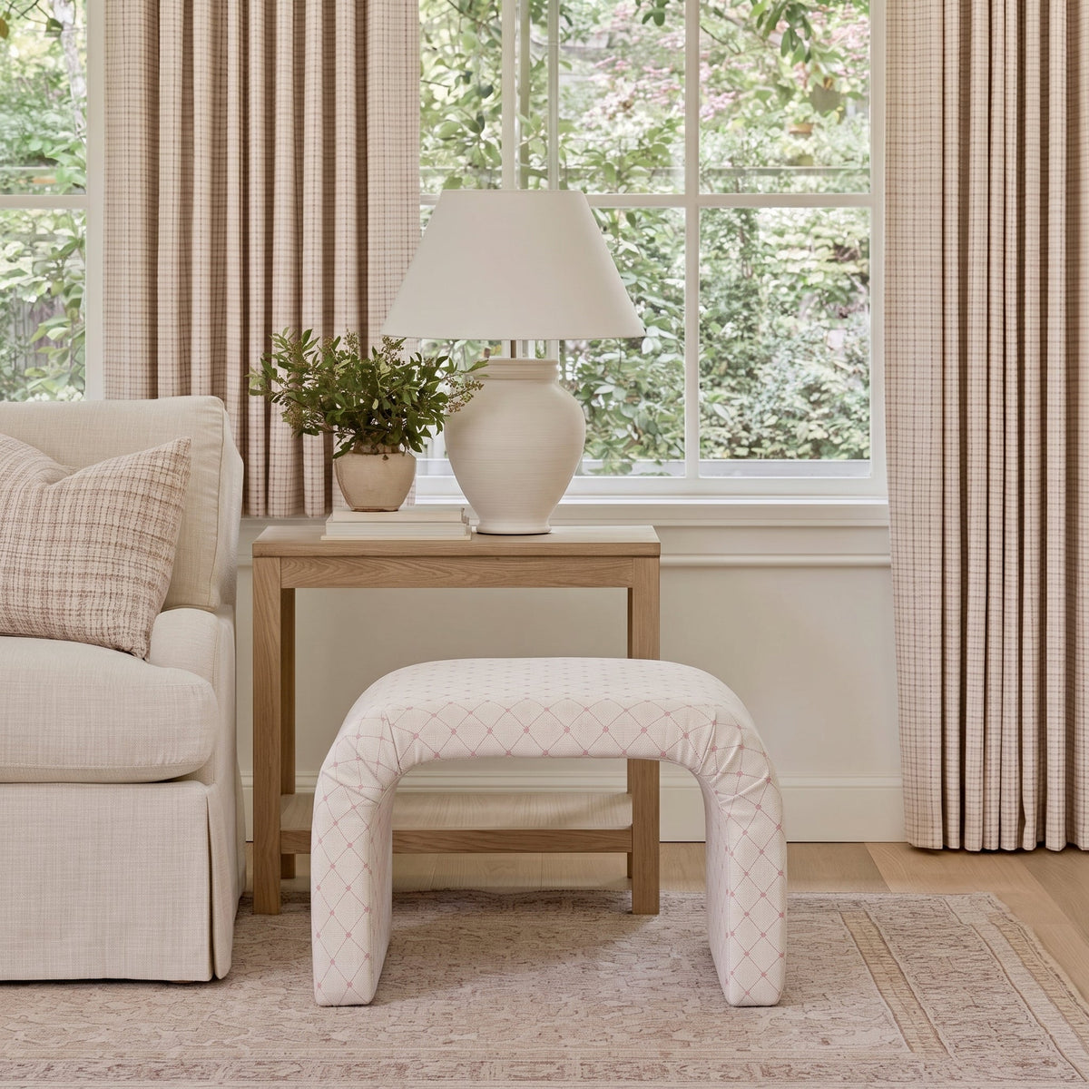 The Lewis Ottoman in Bellagio Blush Linen Lattice - Lemon Park