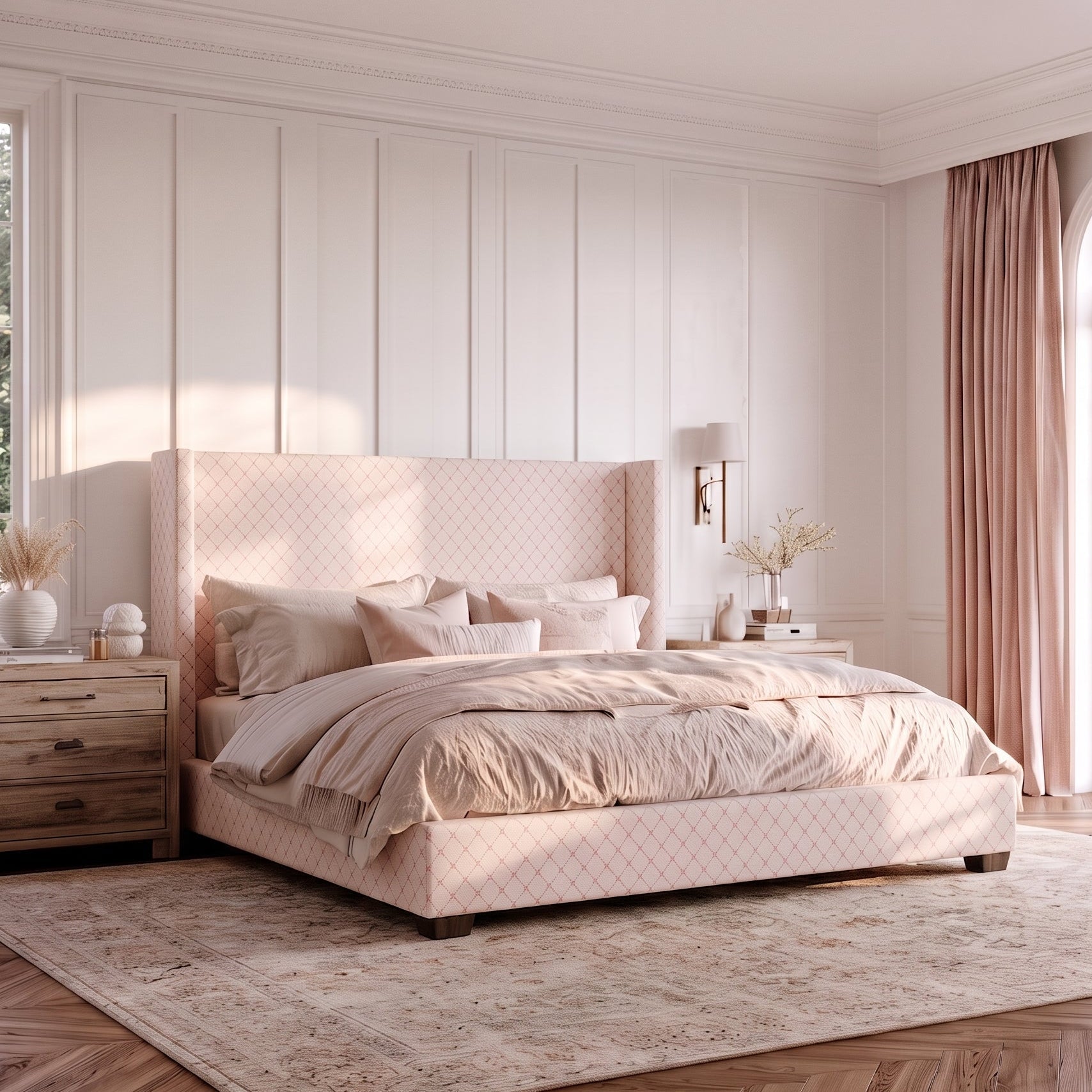 The Selene Bed in Bellagio Blush Linen Lattice