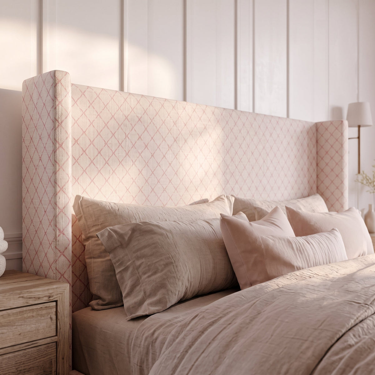 The Selene Bed in Bellagio Blush Linen Lattice - Lemon Park