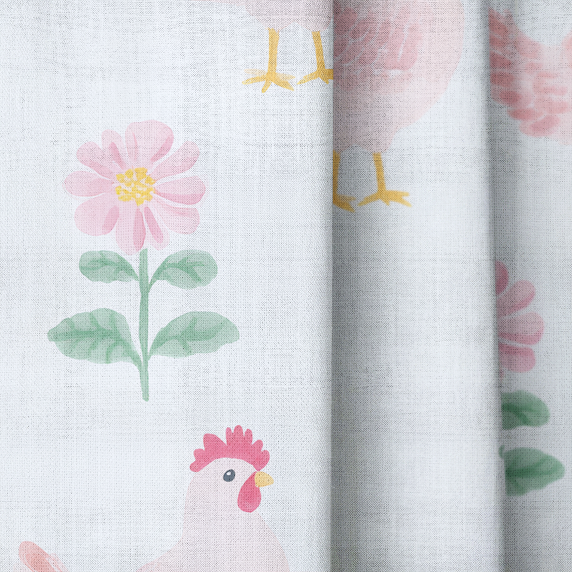 Rosy Roosters - Drapery — close up