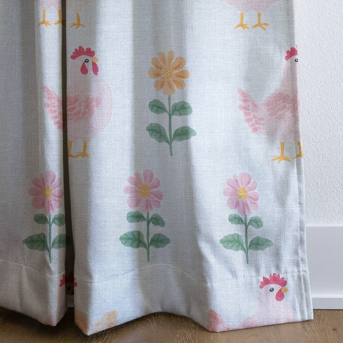 Rosy Roosters - Drapery — corner closeup