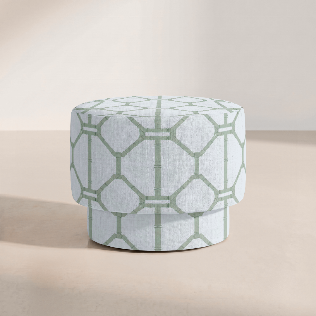 The Adelaide Ottoman in Palm Promenade Cool Mint Bamboo Trellis
