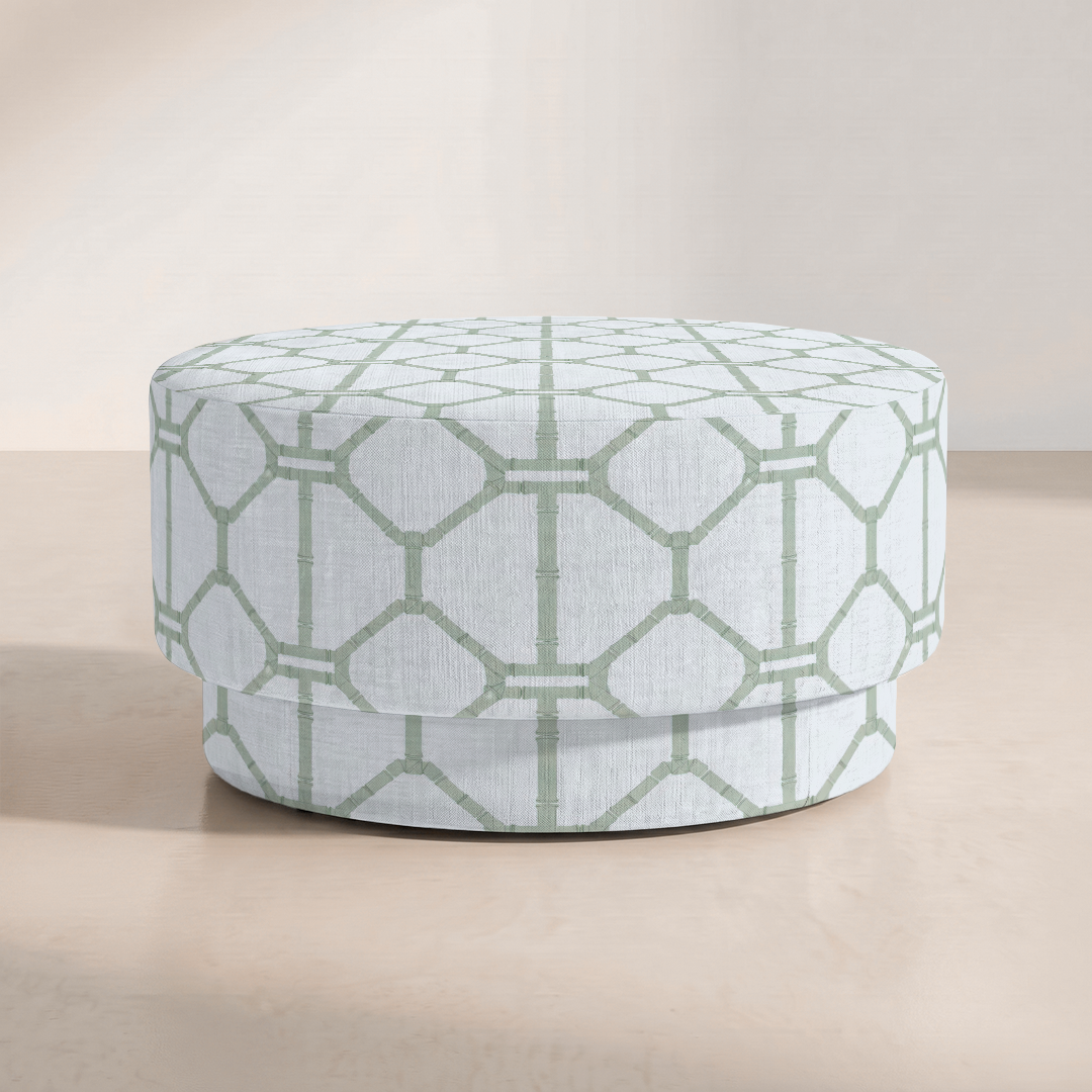The Adelaide Ottoman in Palm Promenade Cool Mint Bamboo Trellis