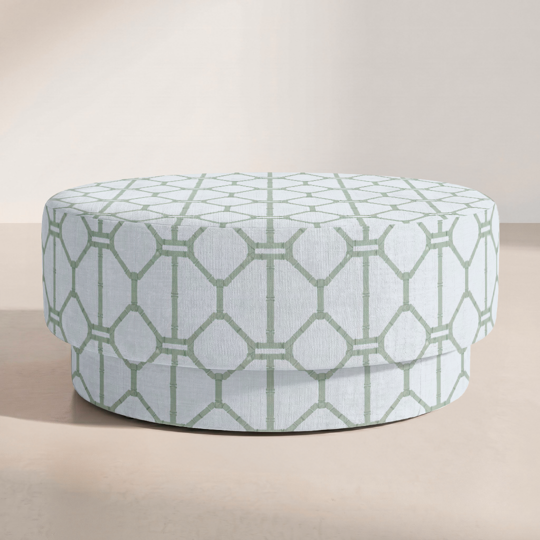 The Adelaide Ottoman in Palm Promenade Cool Mint Bamboo Trellis