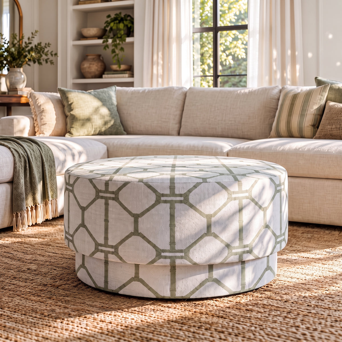 The Adelaide Ottoman in Palm Promenade Cool Mint Bamboo Trellis