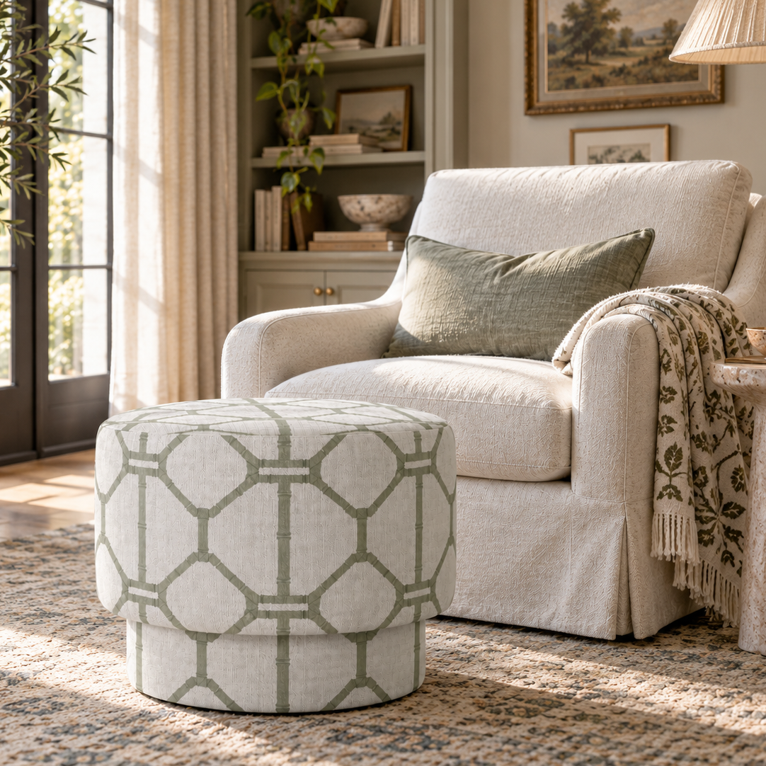 The Adelaide Ottoman in Palm Promenade Cool Mint Bamboo Trellis