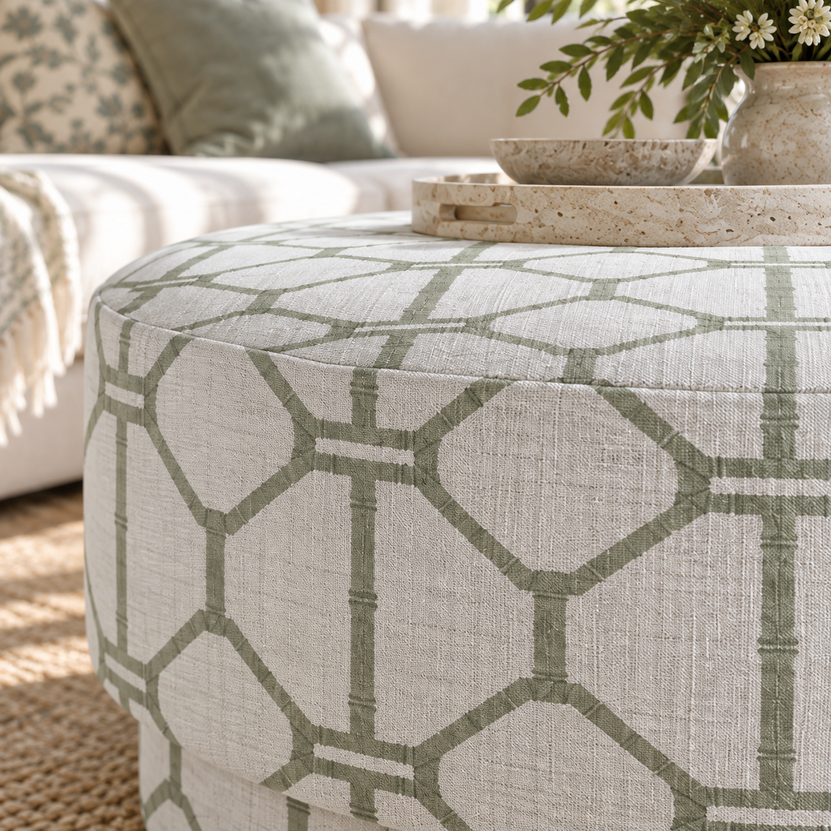 The Adelaide Ottoman in Palm Promenade Cool Mint Bamboo Trellis
