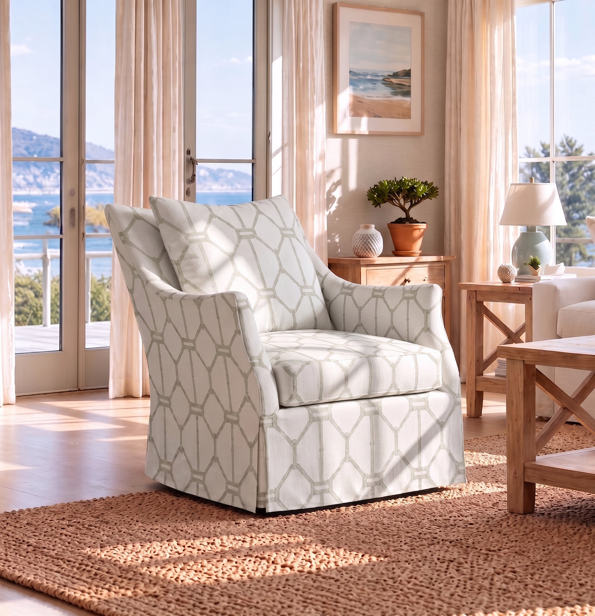 The Eleanor Chair in Palm Promenade Cool Mint Bamboo Trellis