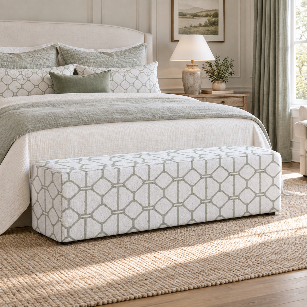 The Josephine Ottoman in Palm Promenade Cool Mint Bamboo Trellis