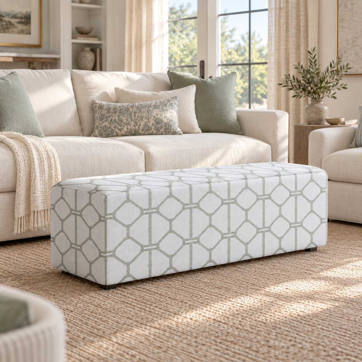 The Josephine Ottoman in Palm Promenade Cool Mint Bamboo Trellis