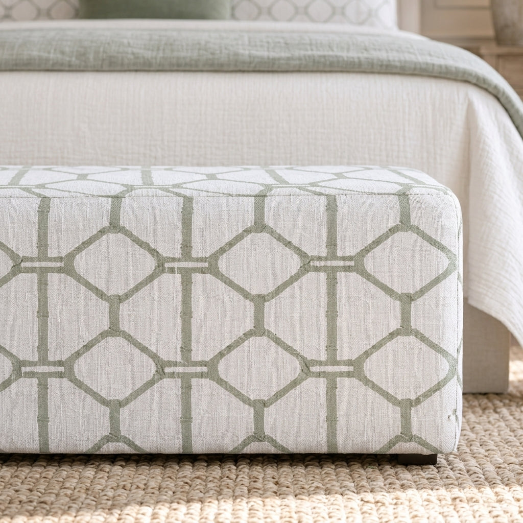 The Josephine Ottoman in Palm Promenade Cool Mint Bamboo Trellis