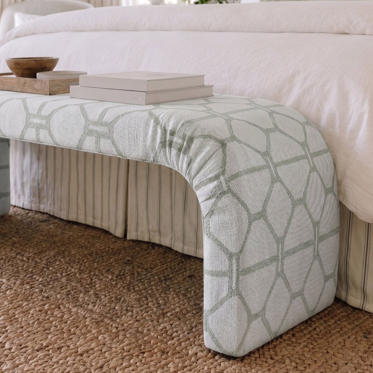 The Lewis Ottoman in Palm Promenade Cool Mint Bamboo Trellis - Lemon Park