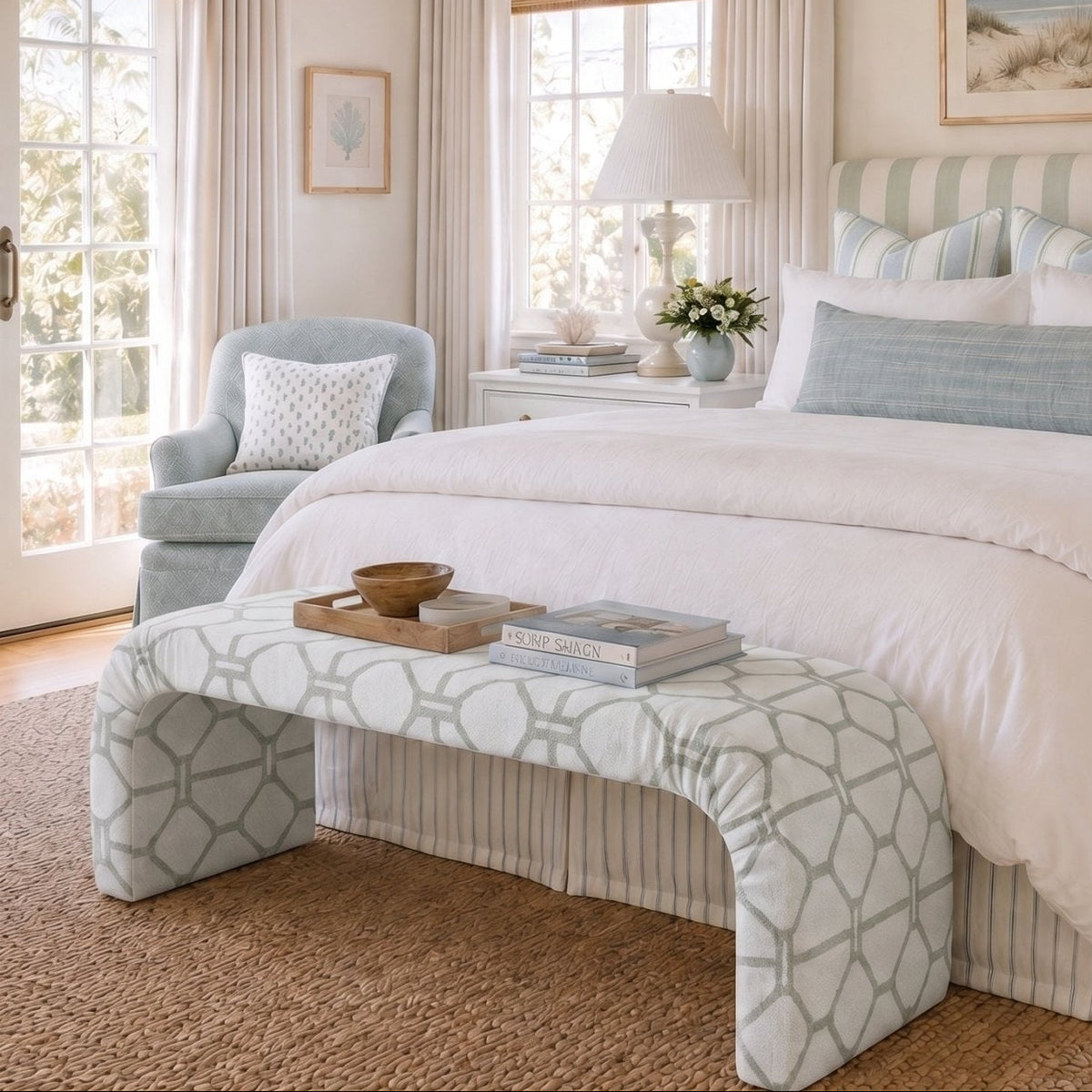 The Lewis Ottoman in Palm Promenade Cool Mint Bamboo Trellis - Lemon Park