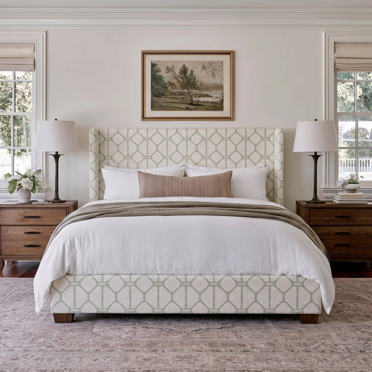 The Selene Bed in Palm Promenade Cool Mint Bamboo Trellis - Lemon Park
