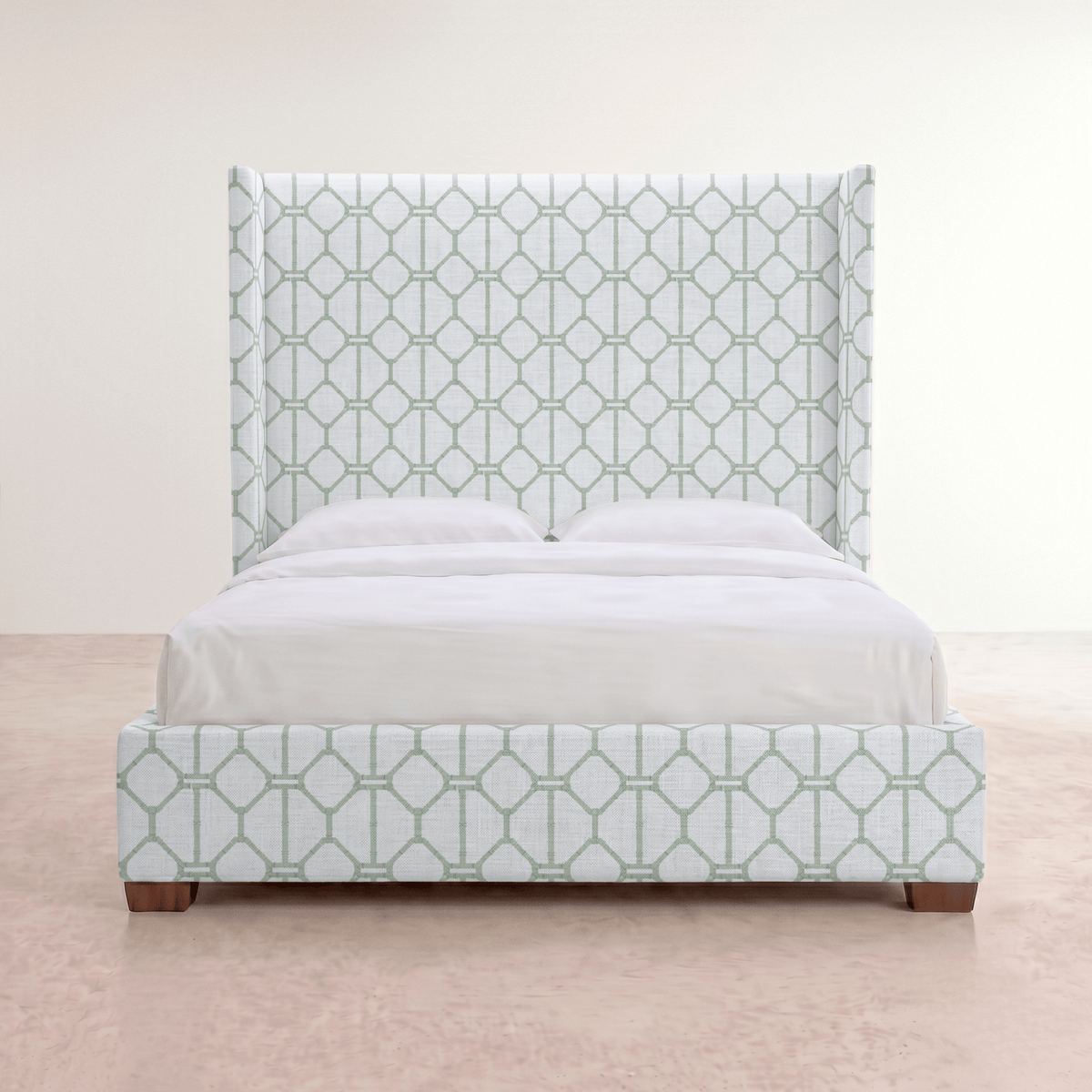 The Selene Bed in Palm Promenade Cool Mint Bamboo Trellis - Lemon Park