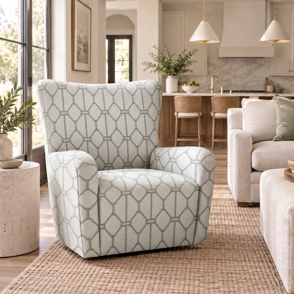The Winston Chair in Palm Promenade Cool Mint Bamboo Trellis