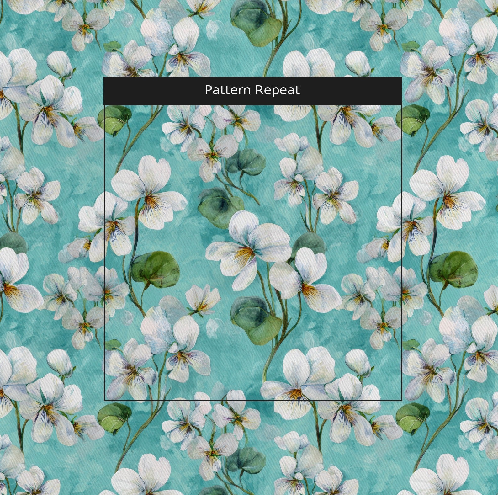 White Violets Blue Fabric by the Yard — pattern repeat