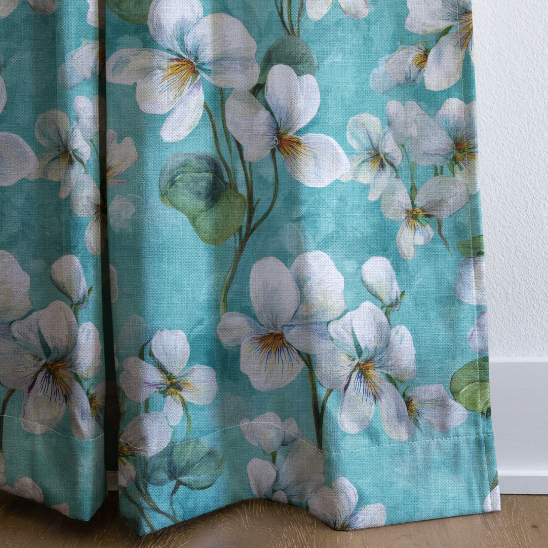 White Violets Blue - Drapery — corner closeup