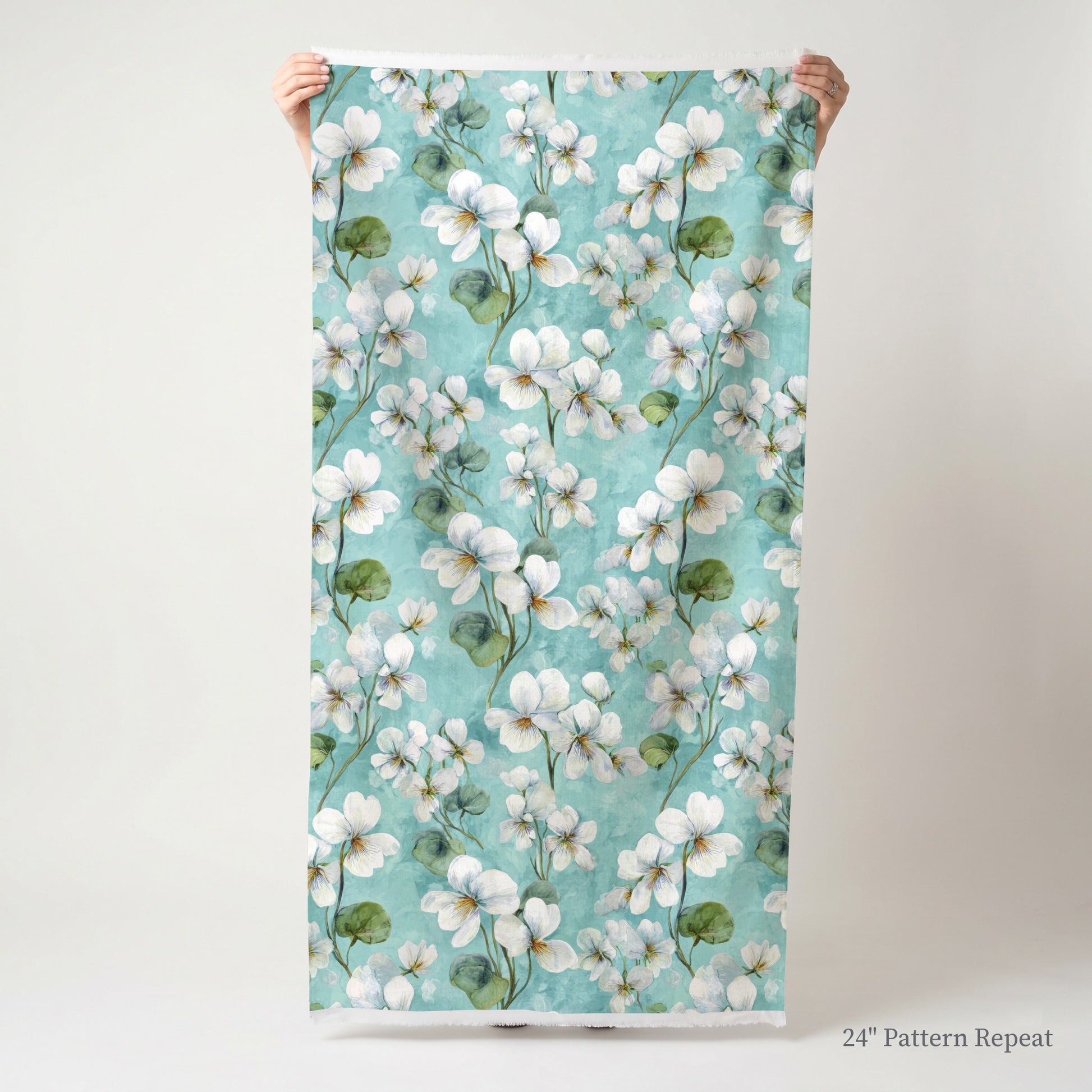 White Violets Blue Fabric by the Yard