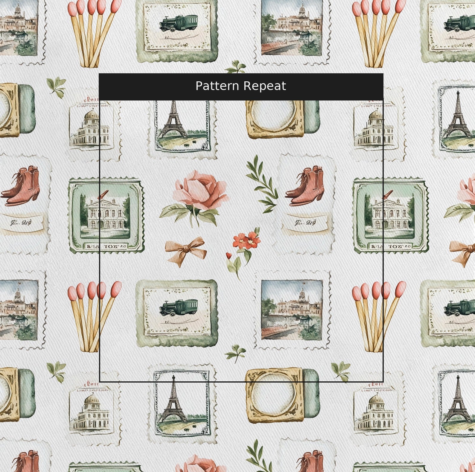 Postcards from Paris Fabric by the Yard — pattern repeat