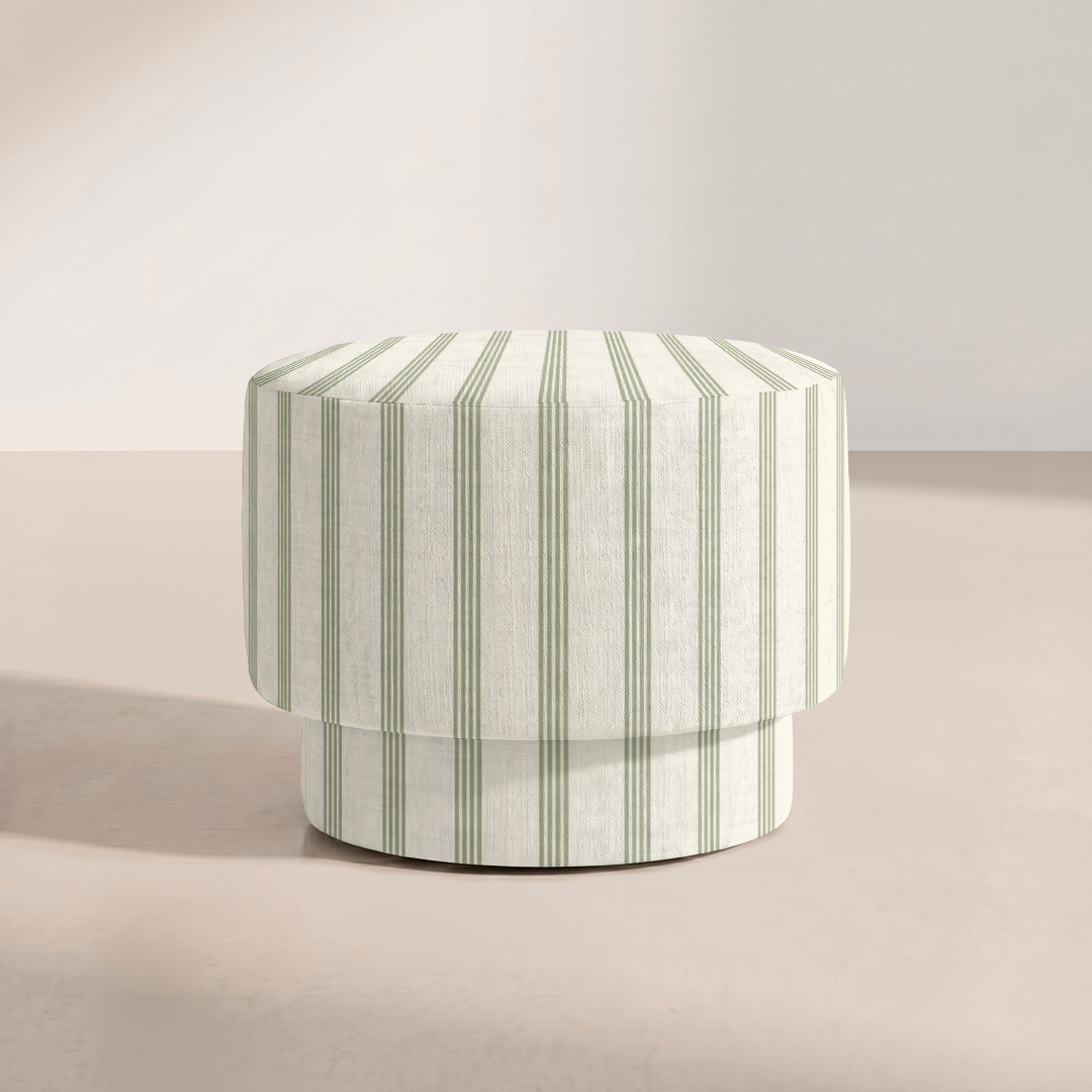 The Adelaide Ottoman in Orange County Olive Stripes