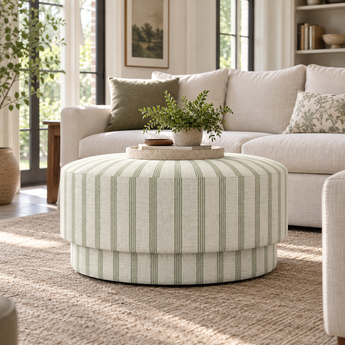 The Adelaide Ottoman in Orange County Olive Stripes