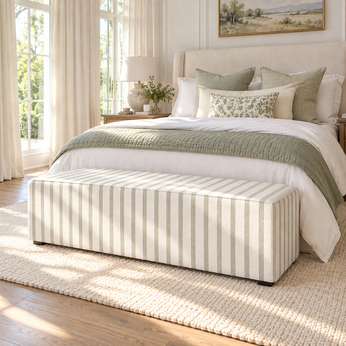The Josephine Ottoman in Orange County Olive Stripes