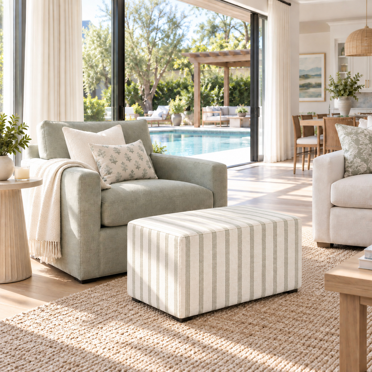 The Josephine Ottoman in Orange County Olive Stripes