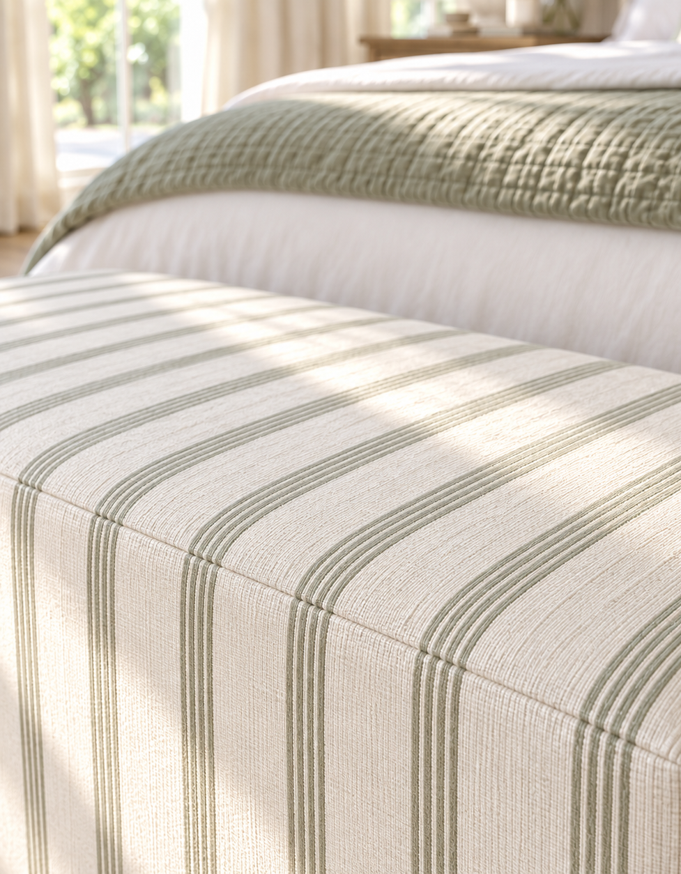 The Josephine Ottoman in Orange County Olive Stripes
