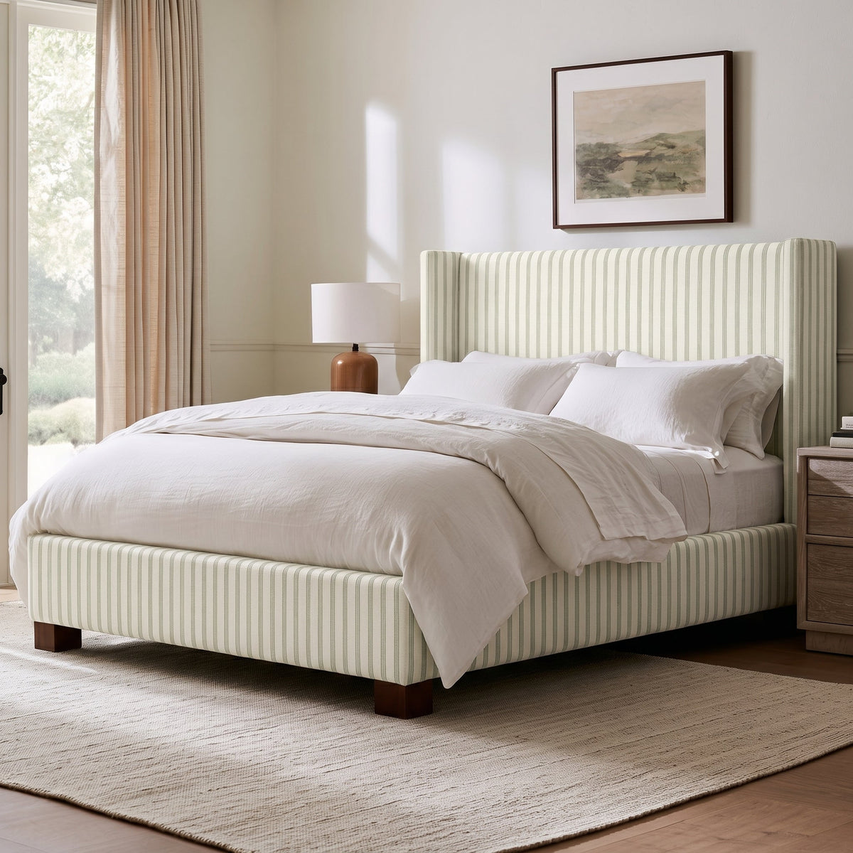 The Selene Bed in Orange County Olive Stripes