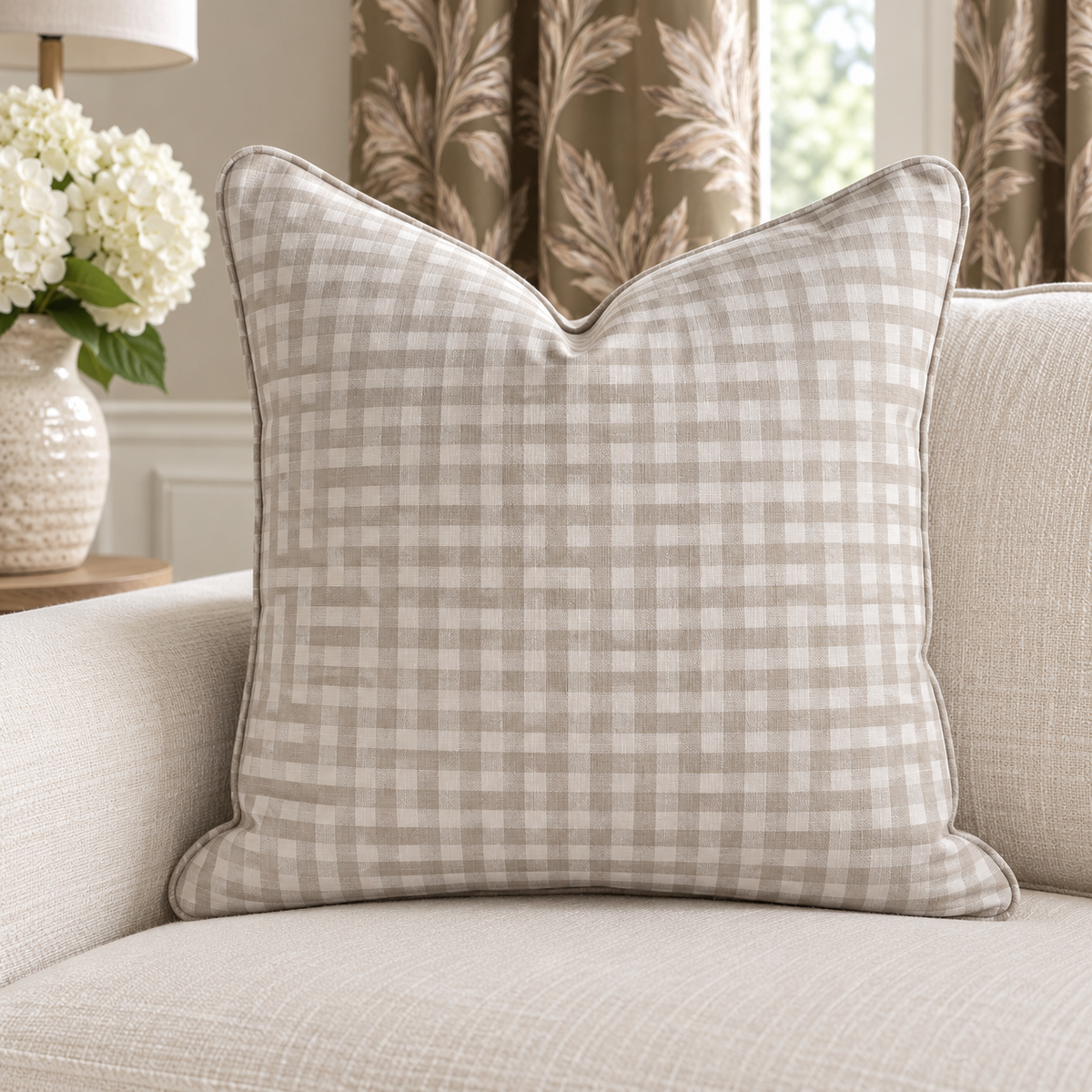 Thistle Hill Oat Gingham Throw Pillow