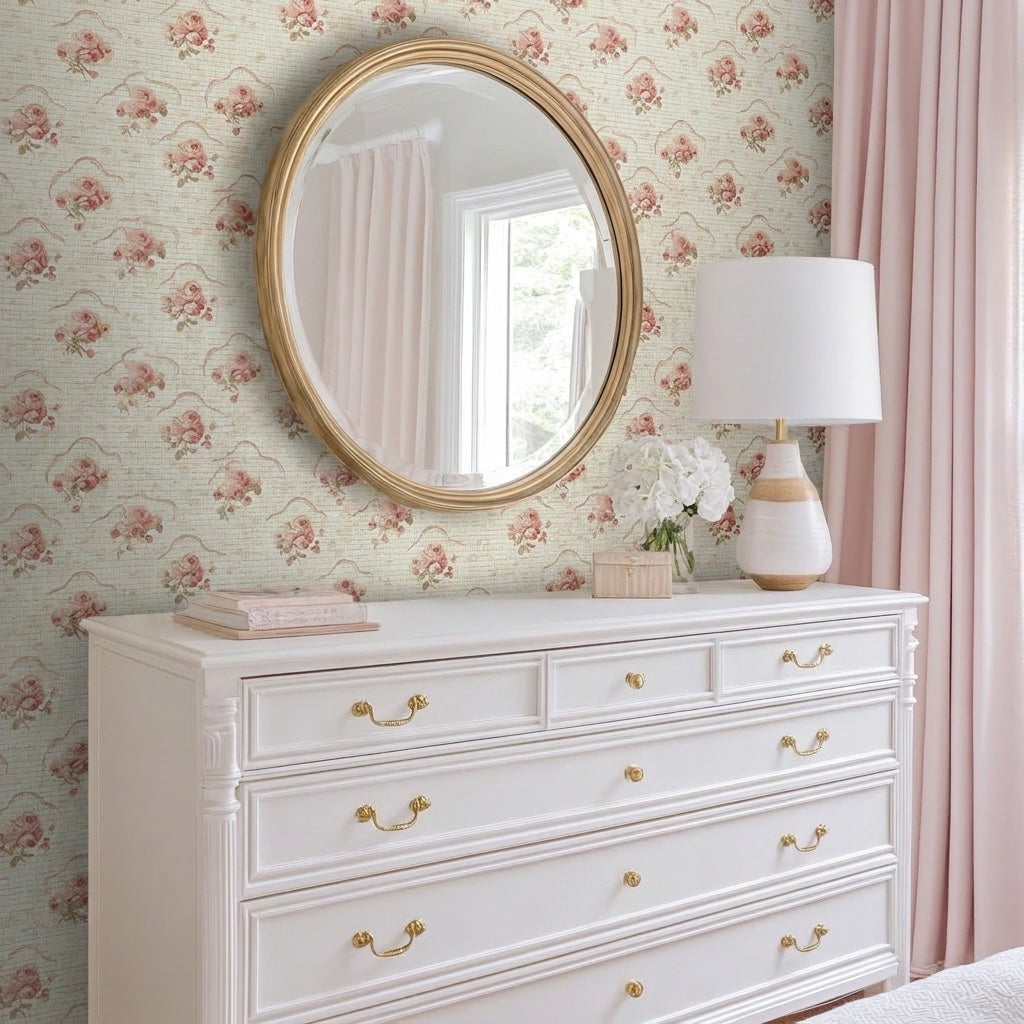 Floral Cameo Faux Grasscloth Wallpaper